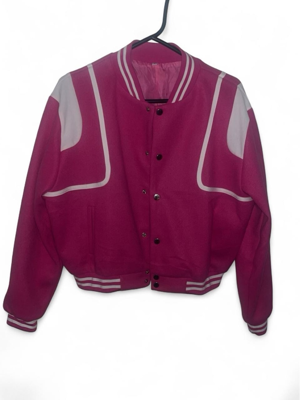 Hot Pink Varsity Bomber Jacket with White Stripes